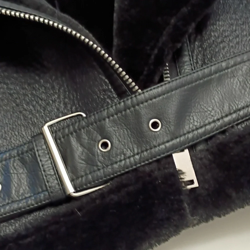 Women's XL Black Bomber Jacket Shearling Leather Gift Ready Winter Wardrobe - Picture 4 of 4